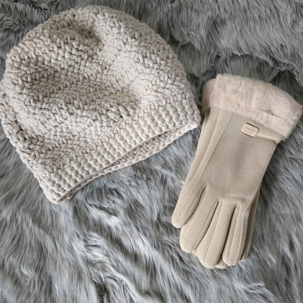 Winter White Crochet Hat and Ultra Suede Gloves bundle